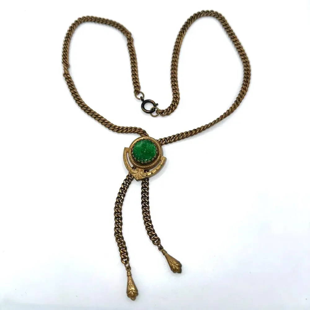 Antique vintage Victorian Revival brass molded green glass slider fob necklace